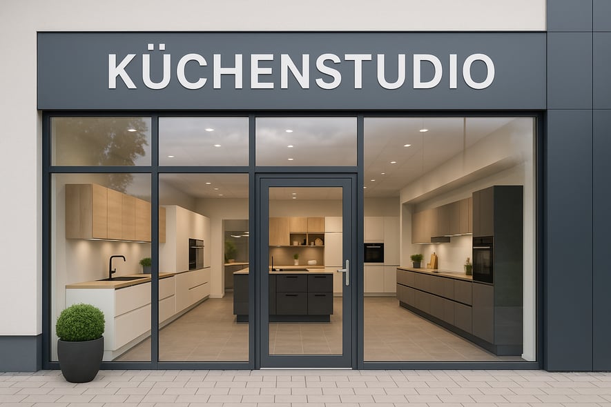 photographic Zeige die Front  Fassade eines modernen Kchenstudios ohne dass man einen Namen erkennen kann Die Auenansicht soll modern und freundlich w