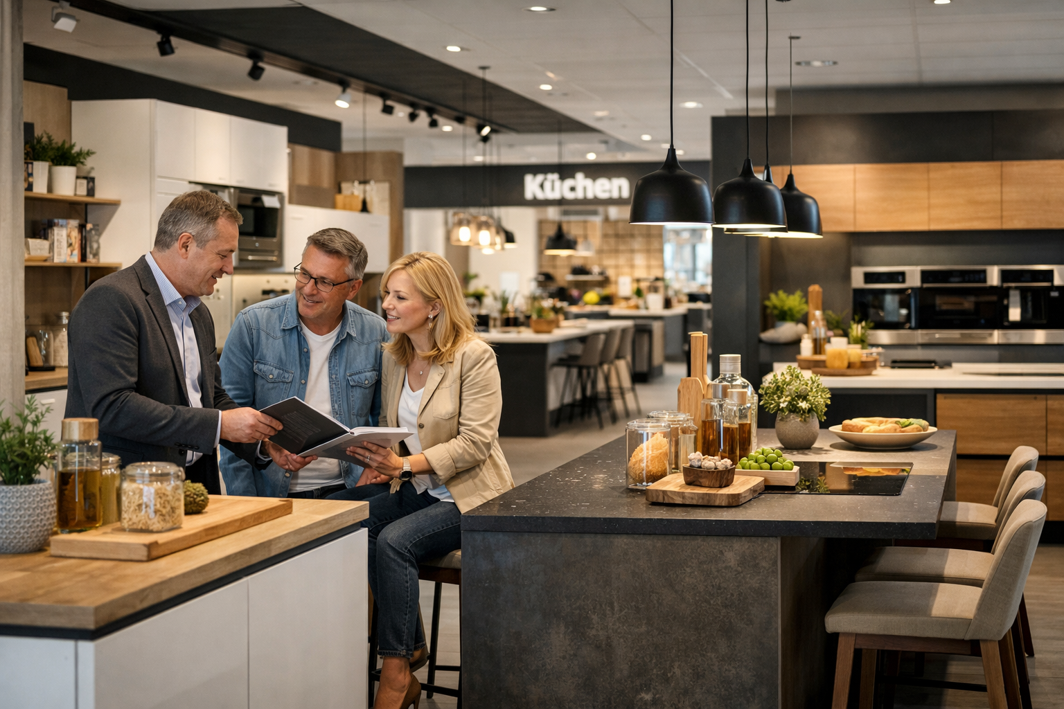 photographic Zeige ein modernes stylishes Kchengeschft von innen Man erkennt mehrere aufgebaute und etwas dekorierte Kchen Im linken Bilddrittel bert