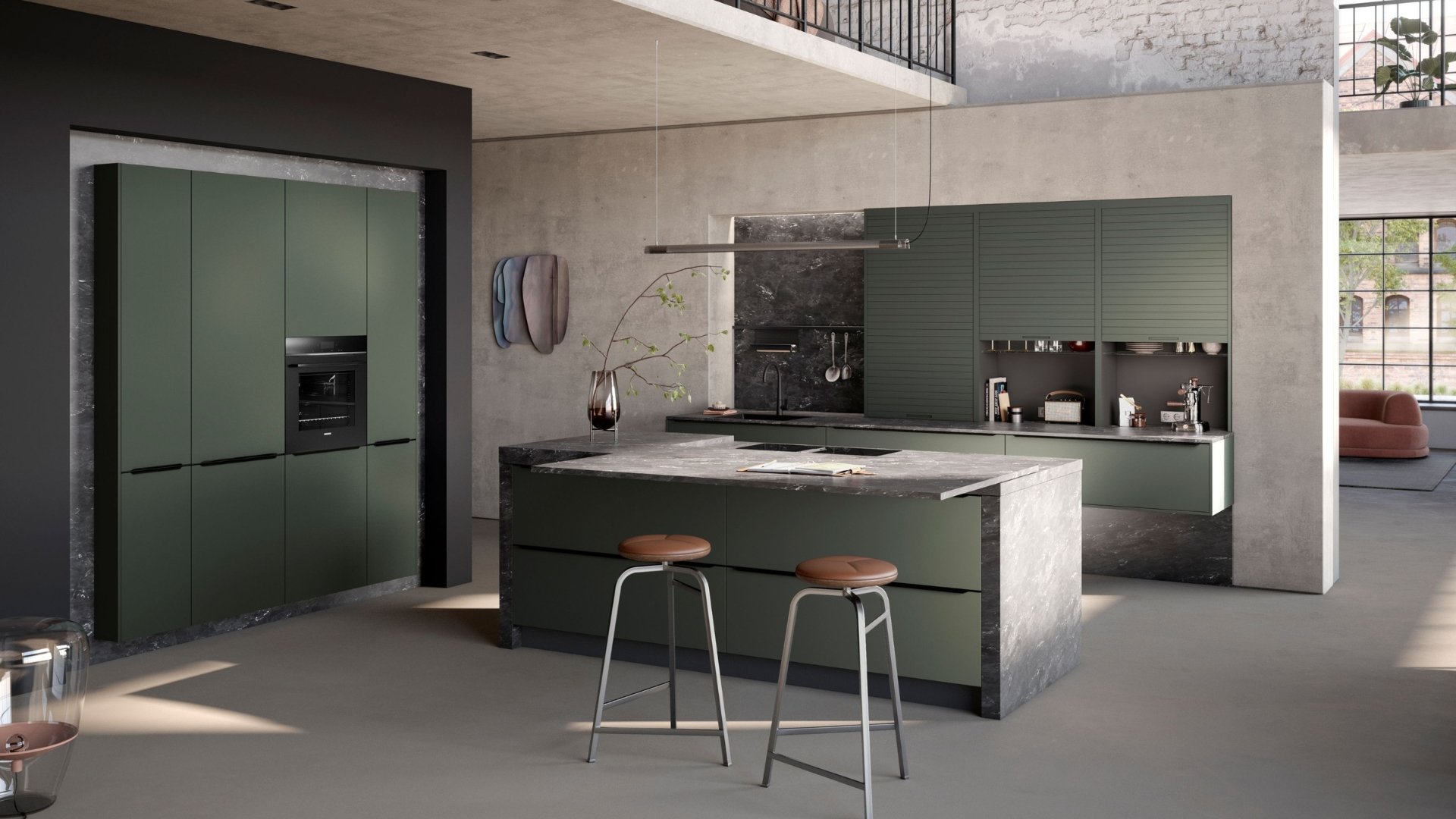 Moderne Loftküche mit Kücheninsel – Beispiel, wie Gründer mit KfW StartGeld Investitionen in ein eigenes Küchenstudio finanzieren können.